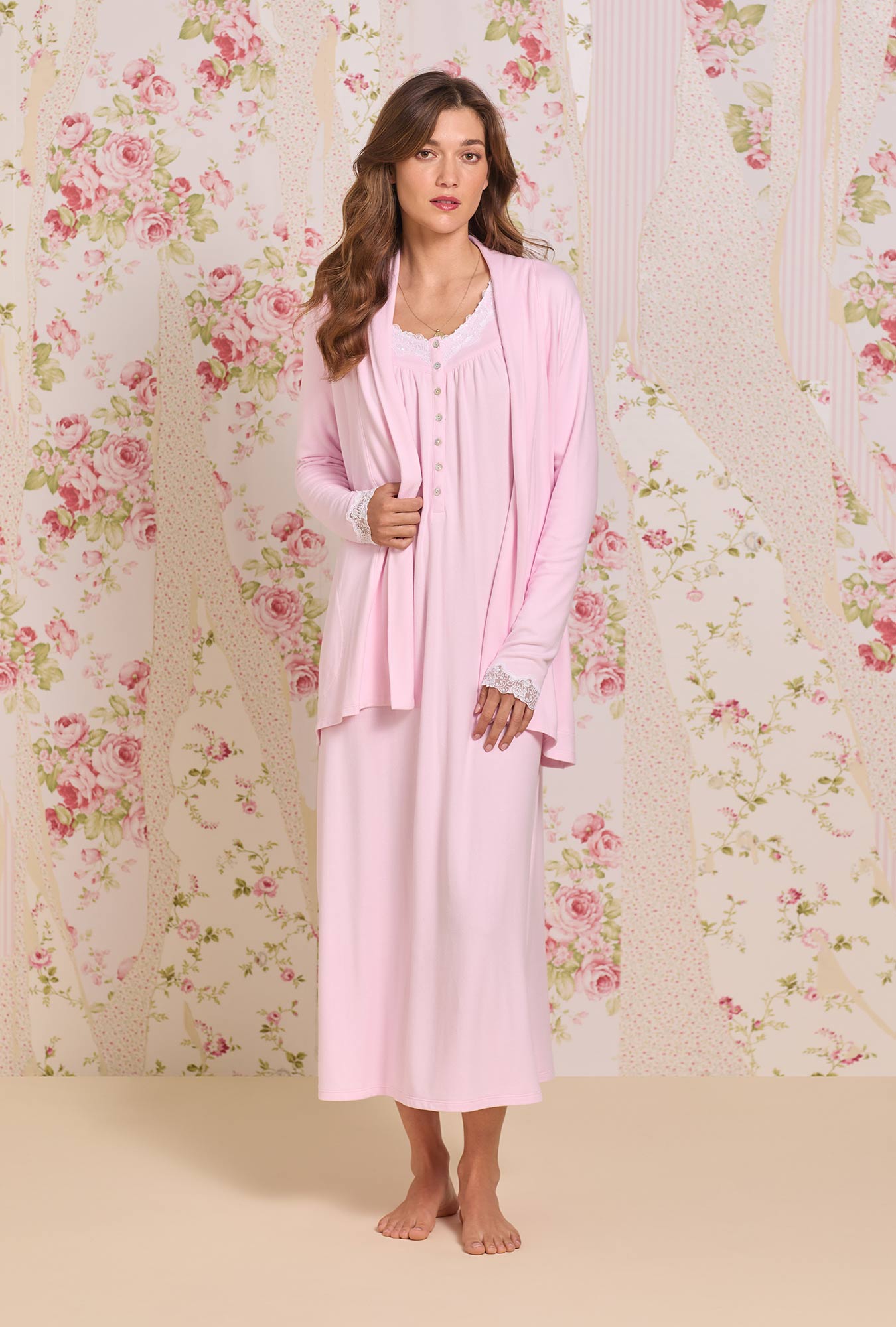 A lady wearing Soft Pink Dreamy Sweater Knit Cardigan