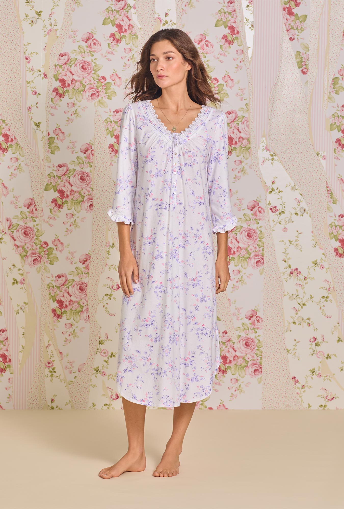 A lady wearing Petite Floral 3/4 Sleeve Cotton Knit Nightgown