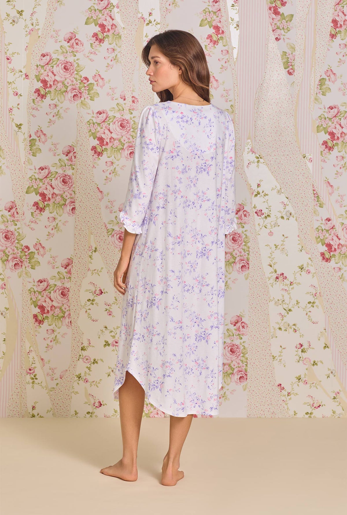 A lady wearing Petite Floral 3/4 Sleeve Cotton Knit Nightgown