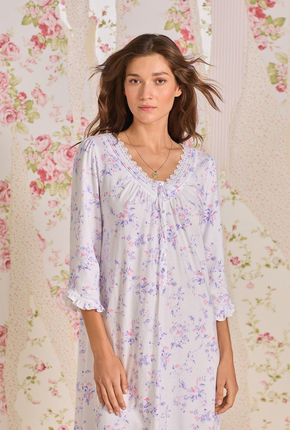 A lady wearing Petite Floral 3/4 Sleeve Cotton Knit Nightgown