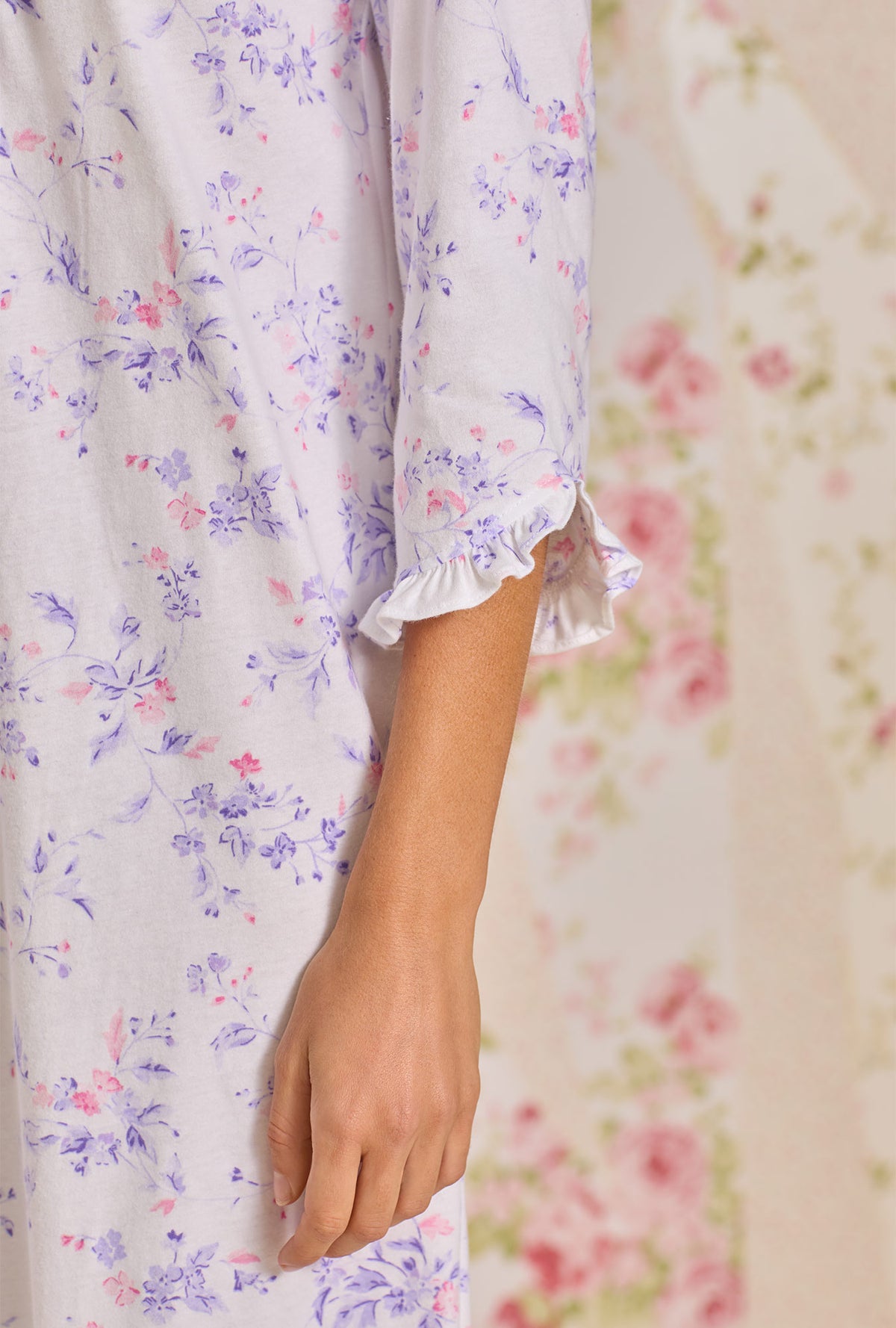 A lady wearing Petite Floral 3/4 Sleeve Cotton Knit Nightgown