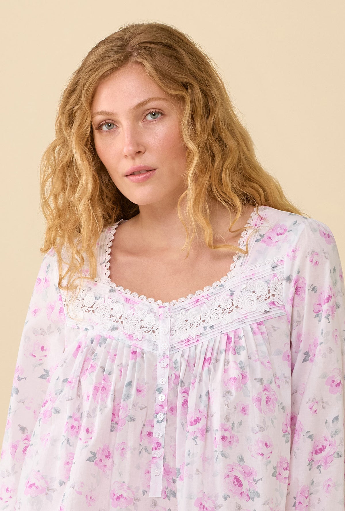 A lady wearing Antique Rose 100% Cotton Woven Lawn Long Sleeve Ballet Nightgown closer look