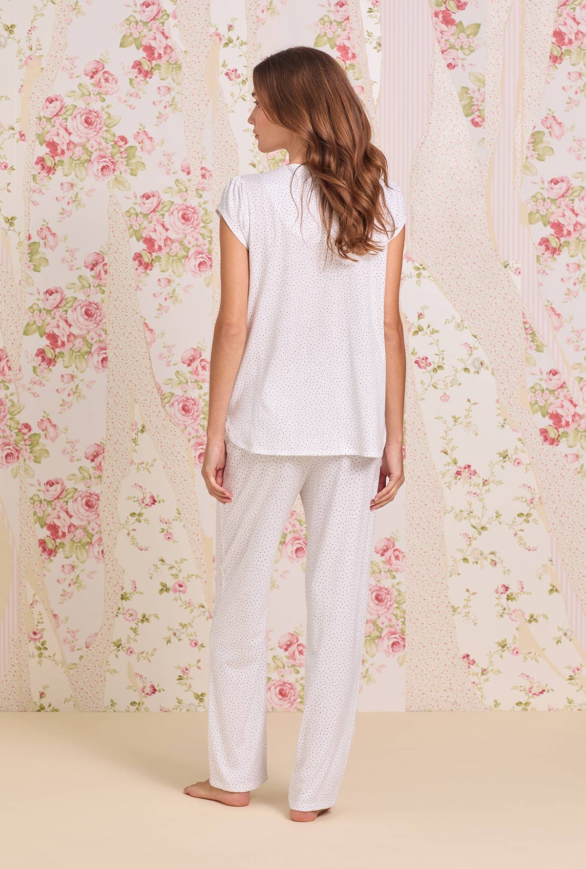 A Lady wearing Classic Dot Cotton Knit Pajama Back view