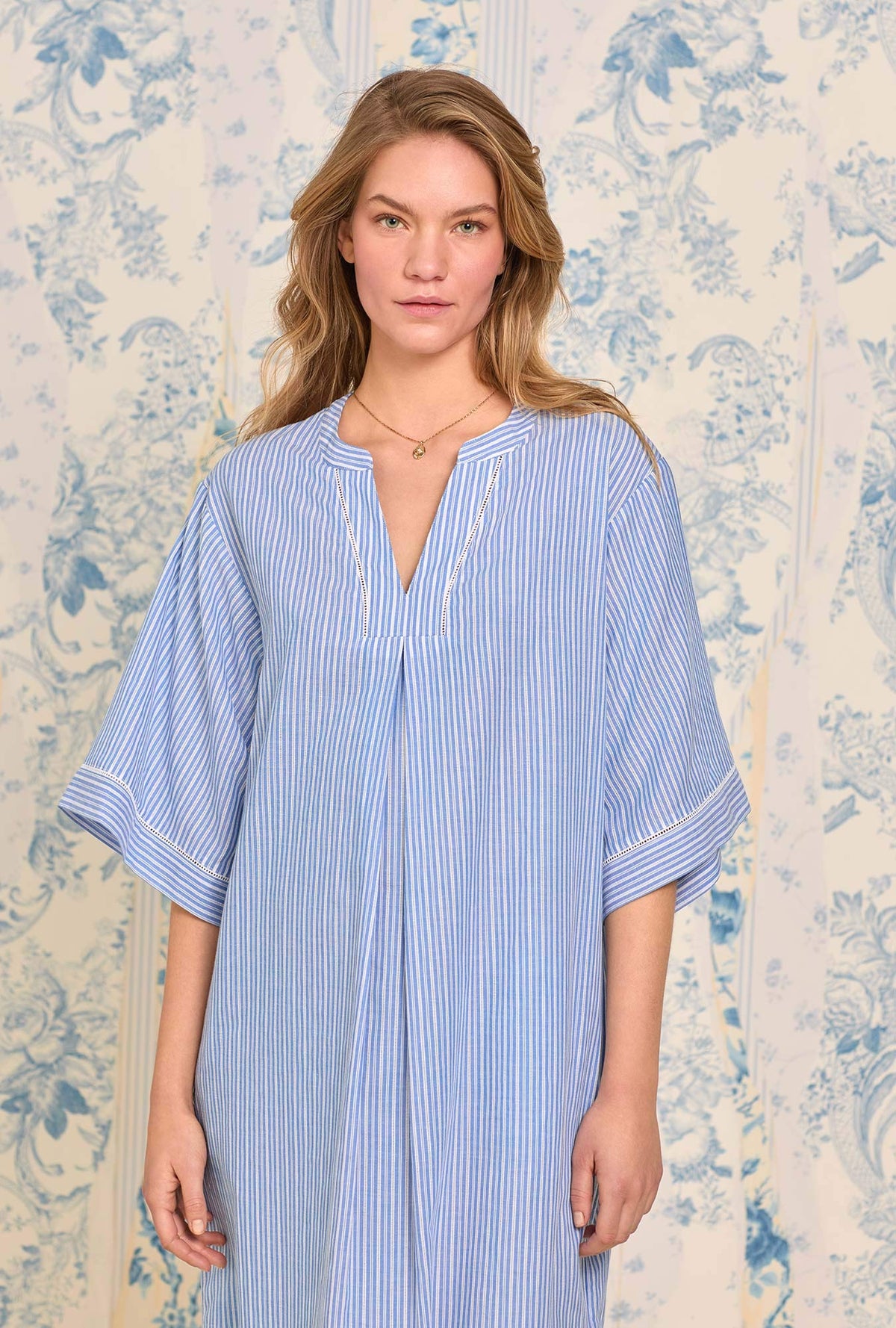 A lady wearing The &quot;Lana&quot; Classic Cotton Stripe Caftan