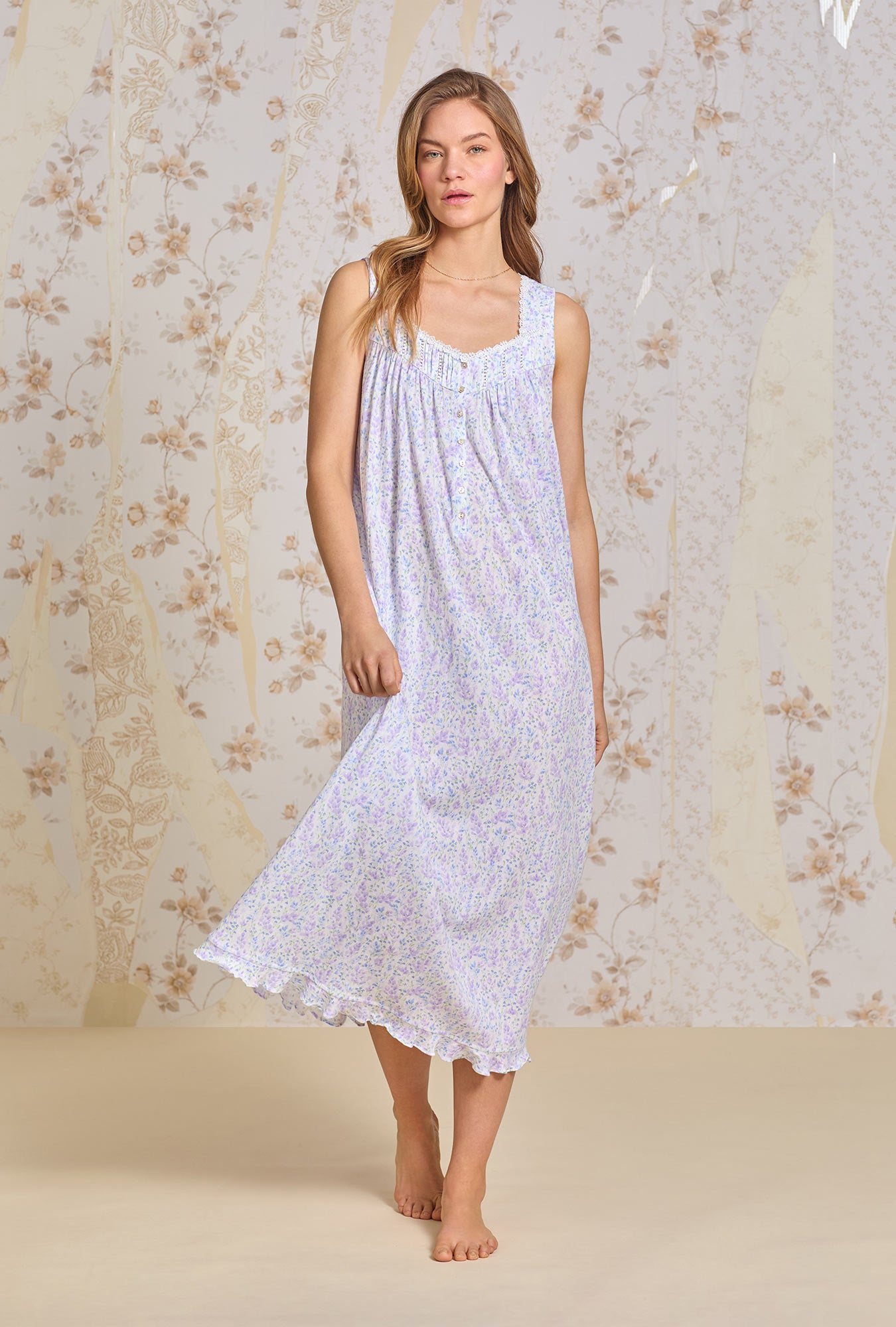 A lady wearing The "Eileen" Floral Frolic Cotton Pointelle Ballet Nightgown