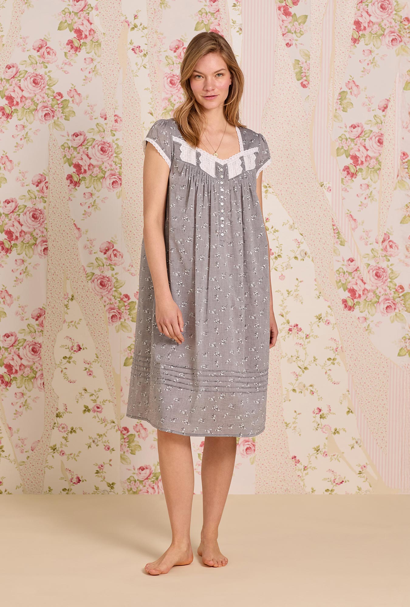 A lady wearing Pale Meadow Cotton Yarndye Chambray Waltz Nightgown