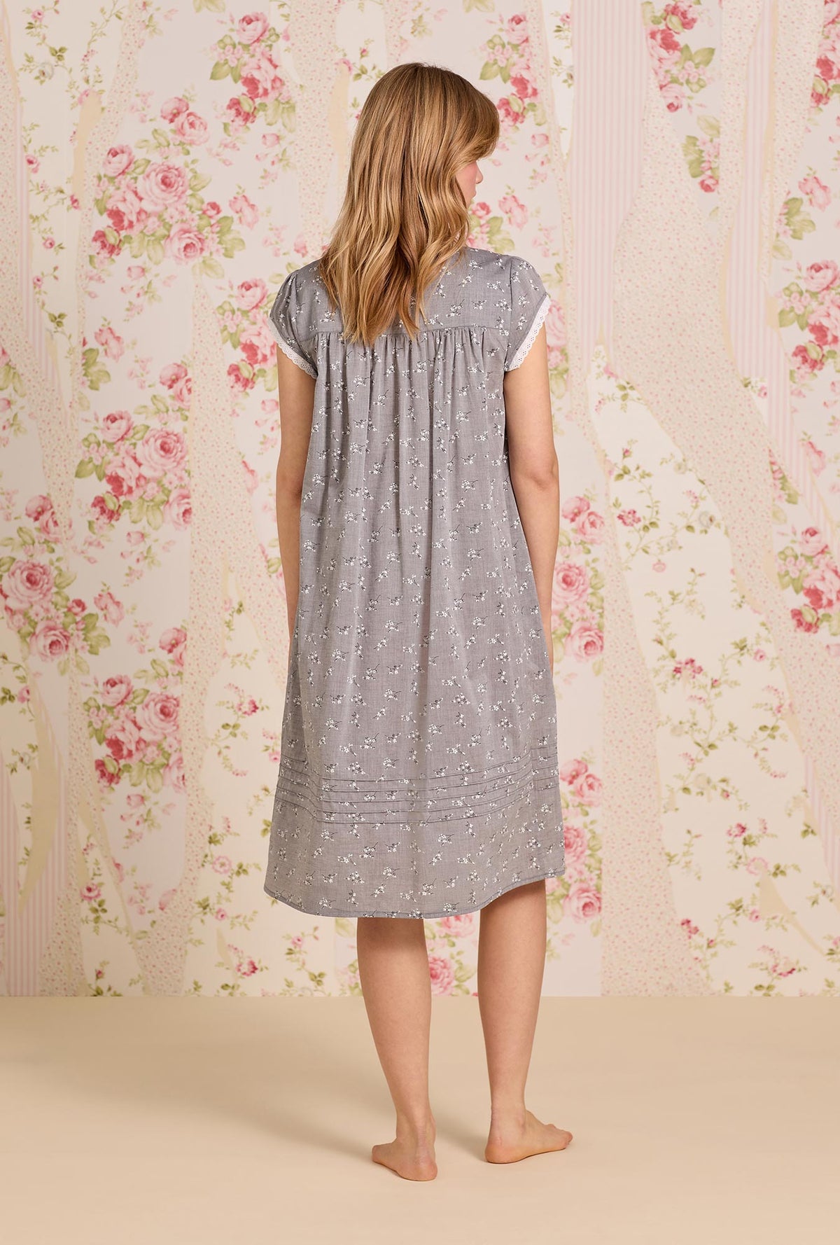 A lady wearing Pale Meadow Cotton Yarndye Chambray Waltz Nightgown