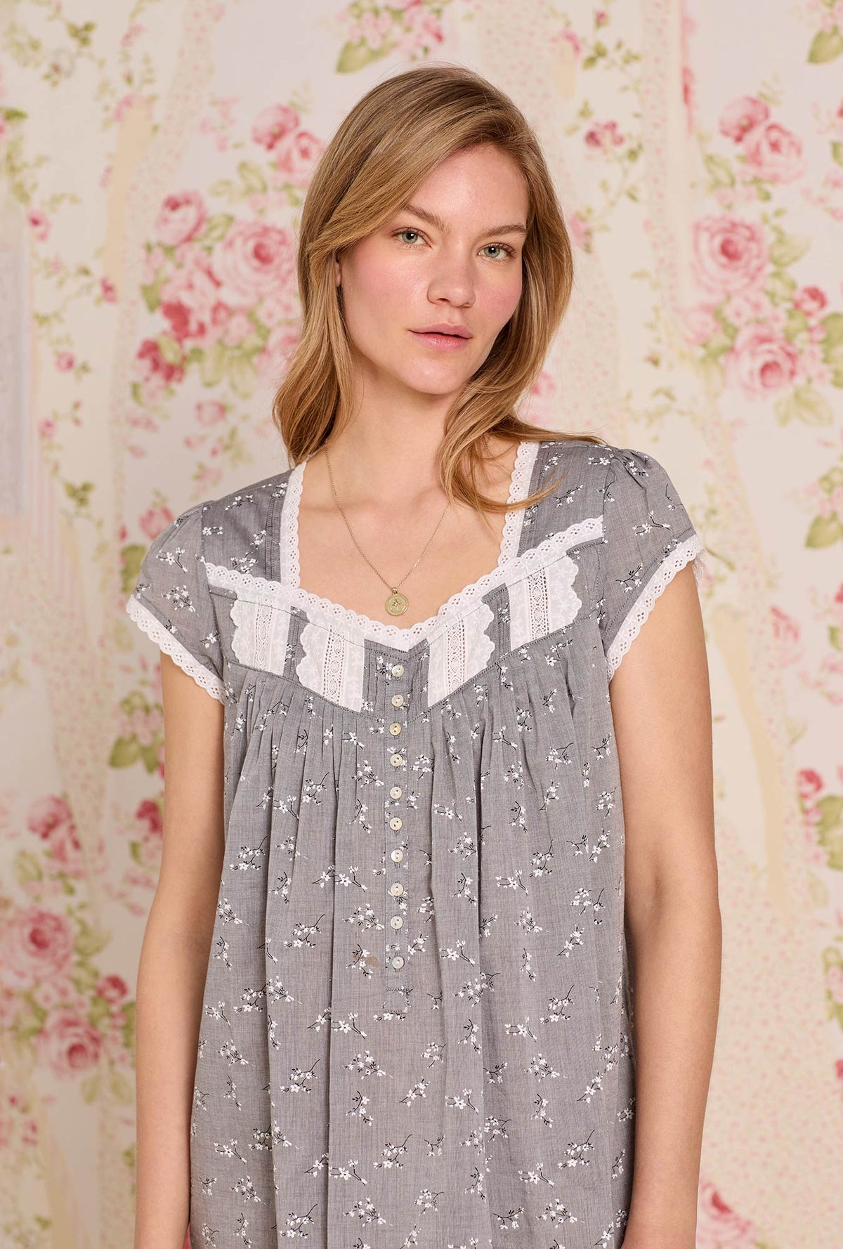 A lady wearing Pale Meadow Cotton Yarndye Chambray Waltz Nightgown
