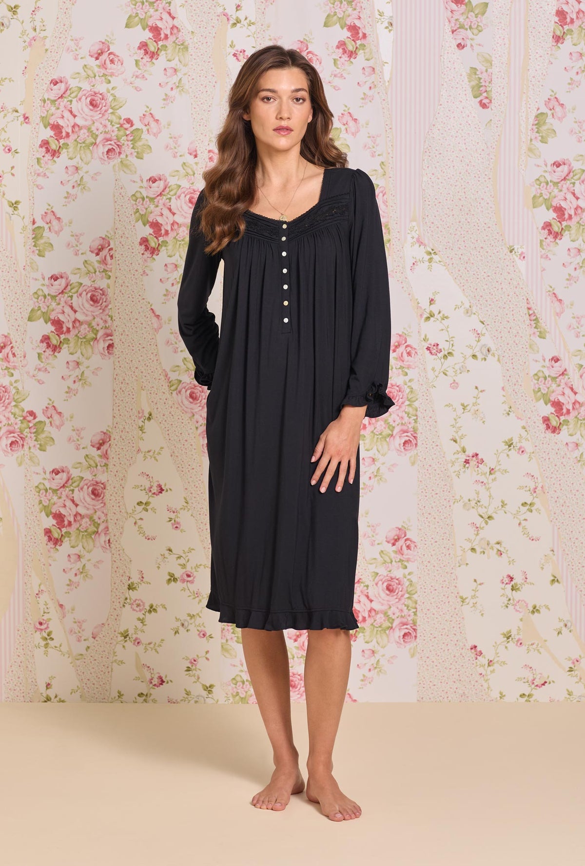 A lady wearing Iconic Black Tencel™ Modal Long Sleeve Ballet Nightgown