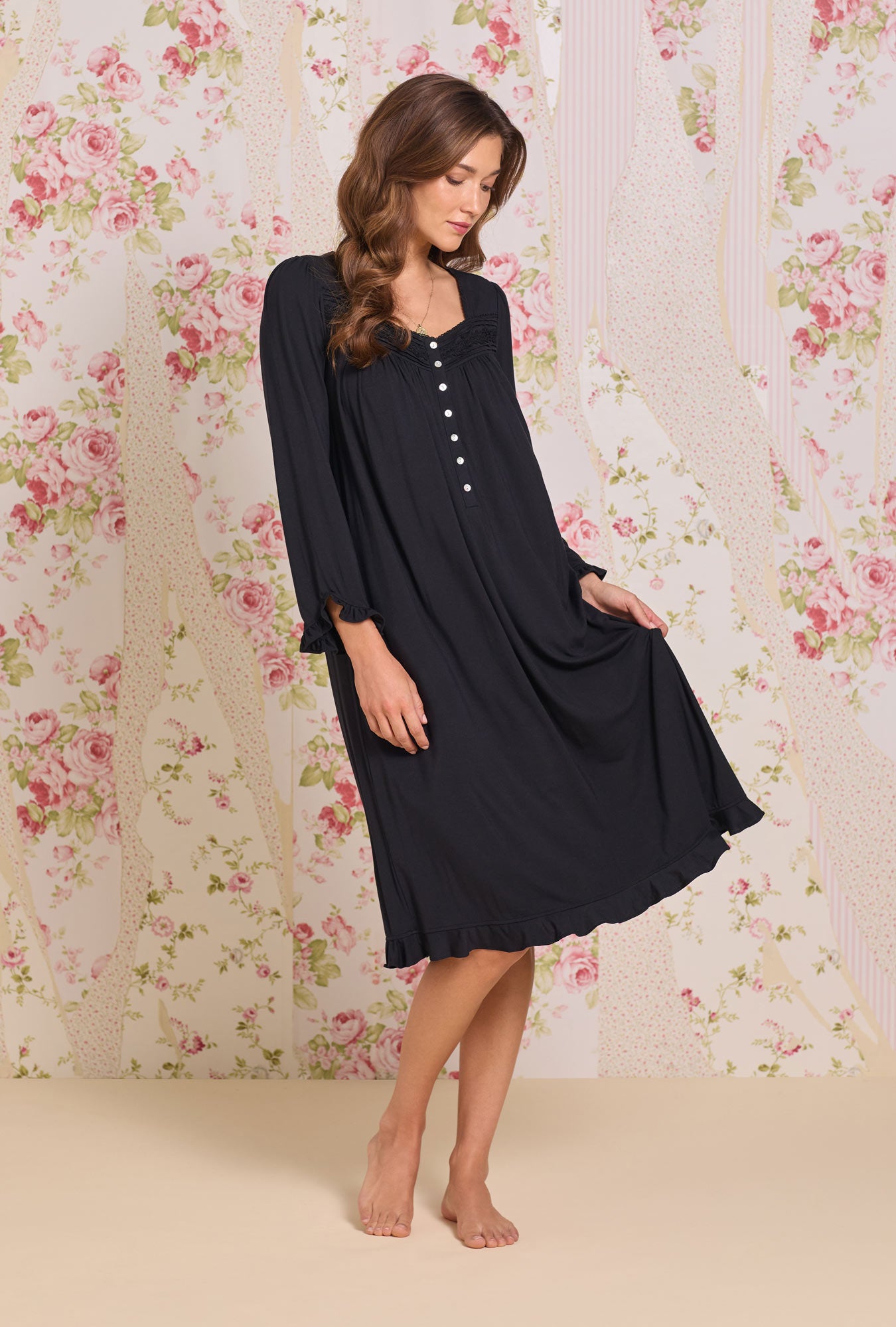 A lady wearing Iconic Black Tencel™ Modal Long Sleeve Ballet Nightgown