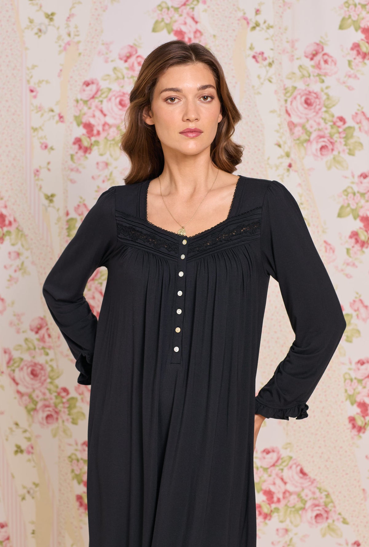 A lady wearing Iconic Black Tencel™ Modal Long Sleeve Ballet Nightgown