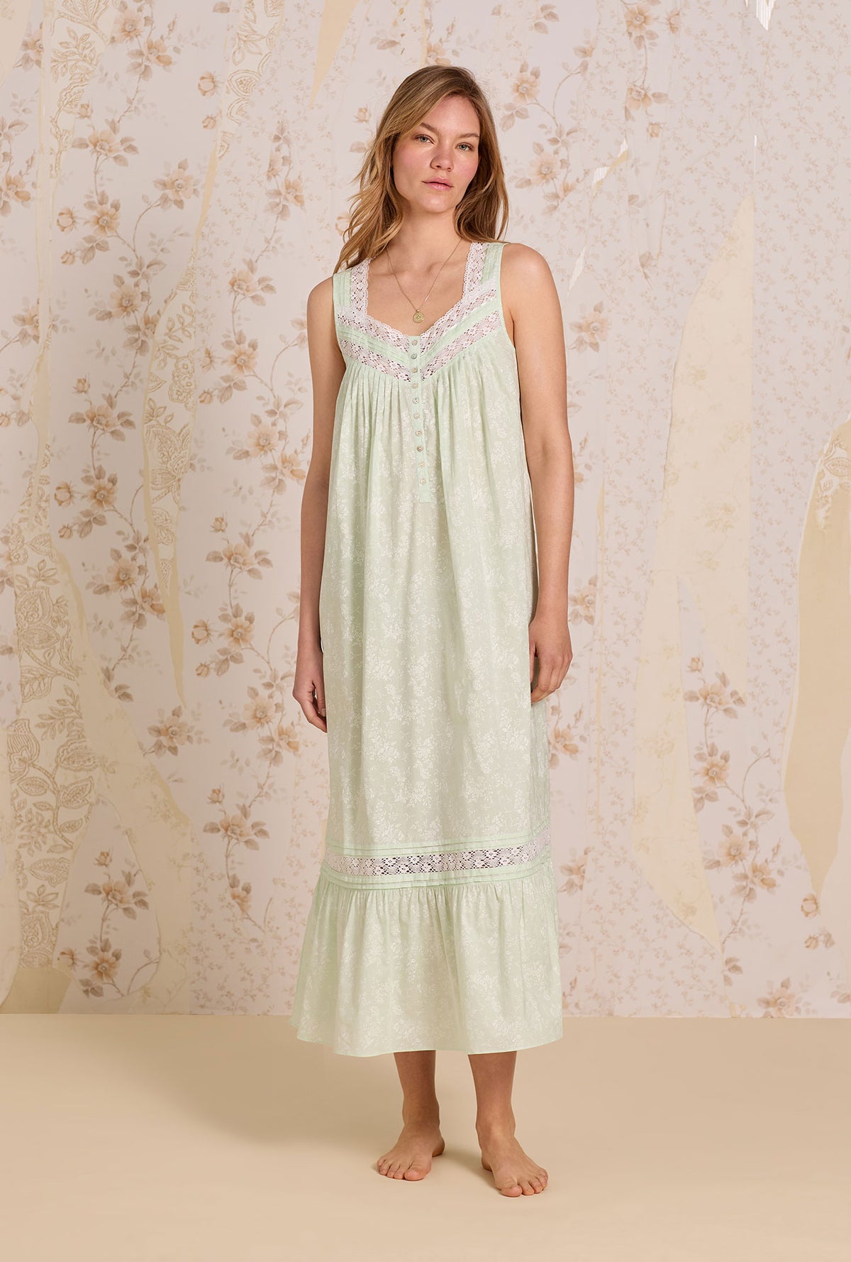 A lady wearing The &quot;Eileen&quot; Mint Garden Cotton Lawn Ballet Nightgown