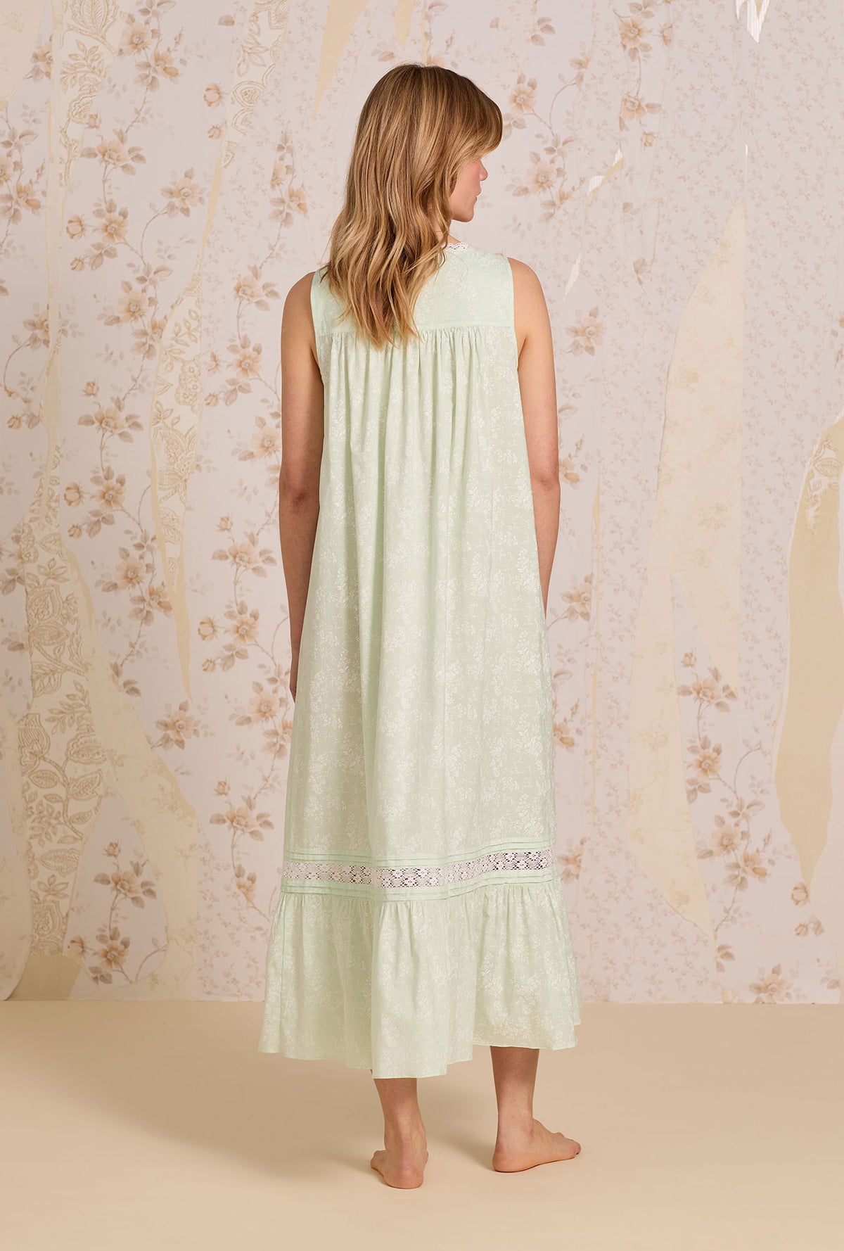 A lady wearing The &quot;Eileen&quot; Mint Garden Cotton Lawn Ballet Nightgown