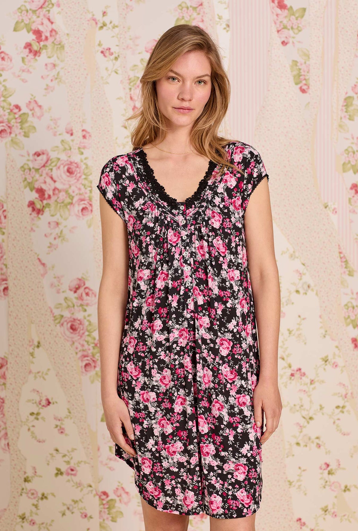 A lady wearing Evening Floral Tencel™ Modal Nightshirt