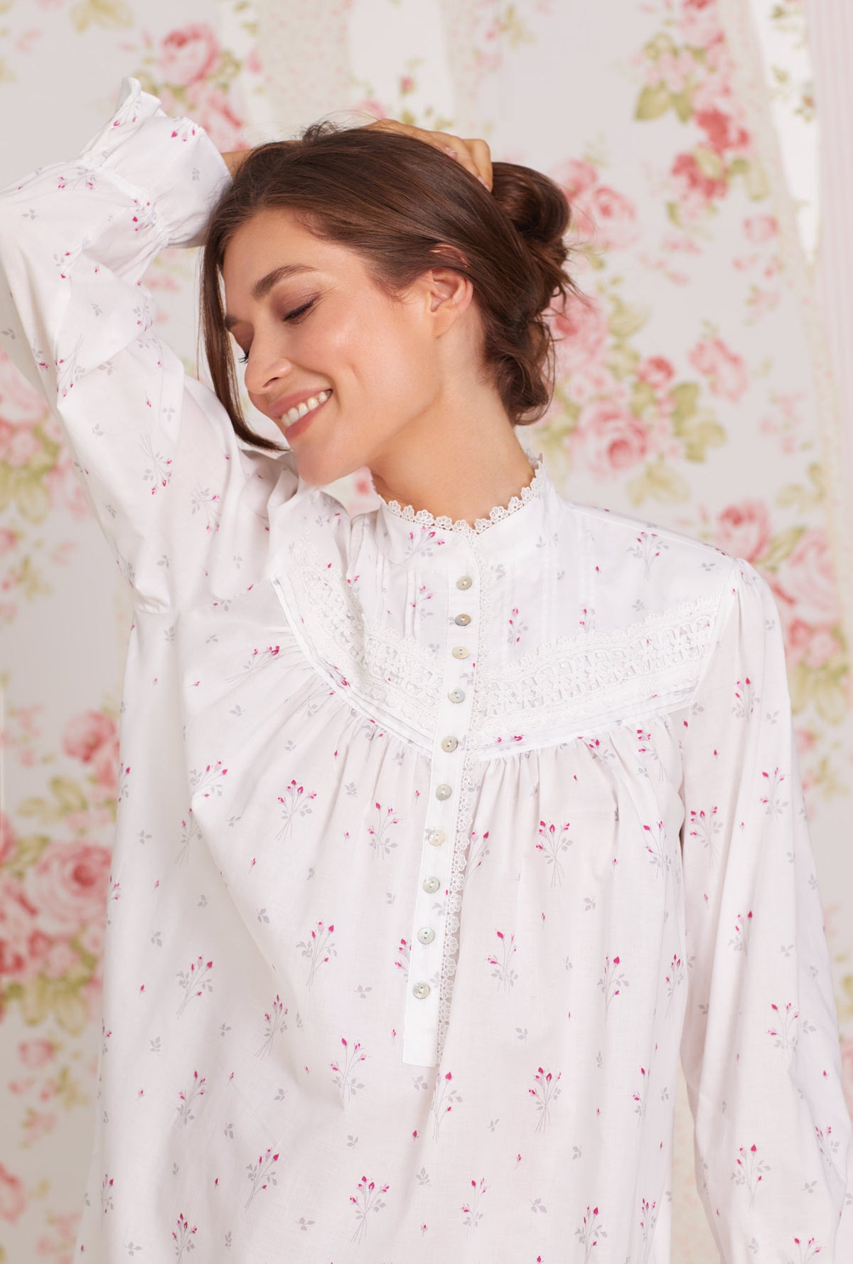 A lady wearing white  Long Sleeve Cotton Lawn Highneck Nightgown with Dream Bouque print