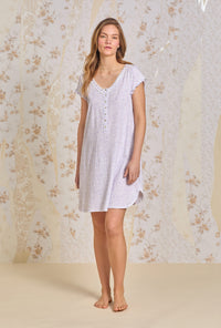 A lady wearing Lilac Posy Cotton Knit Nightshirt