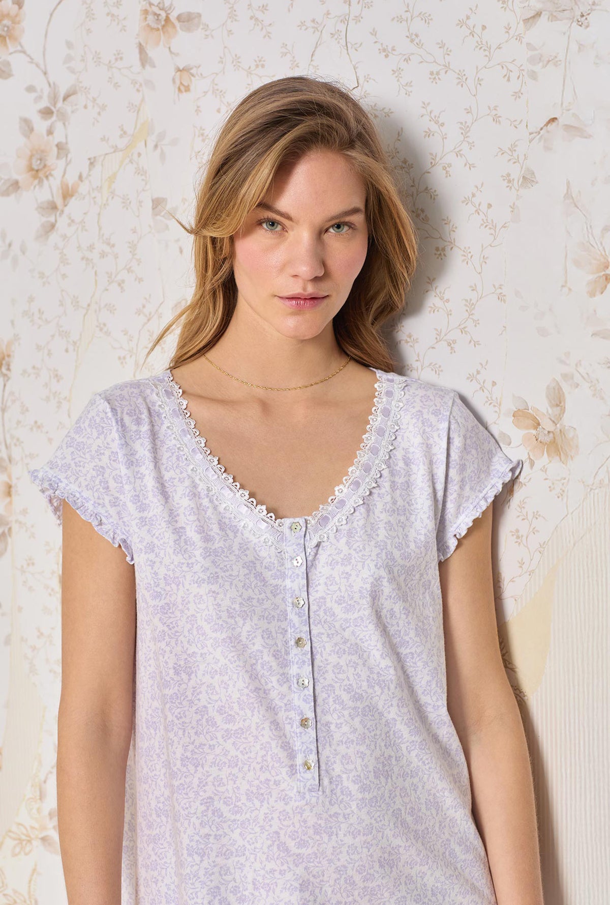 A lady wearing A lady wearing Lilac Posy Cotton Knit Nightshirt