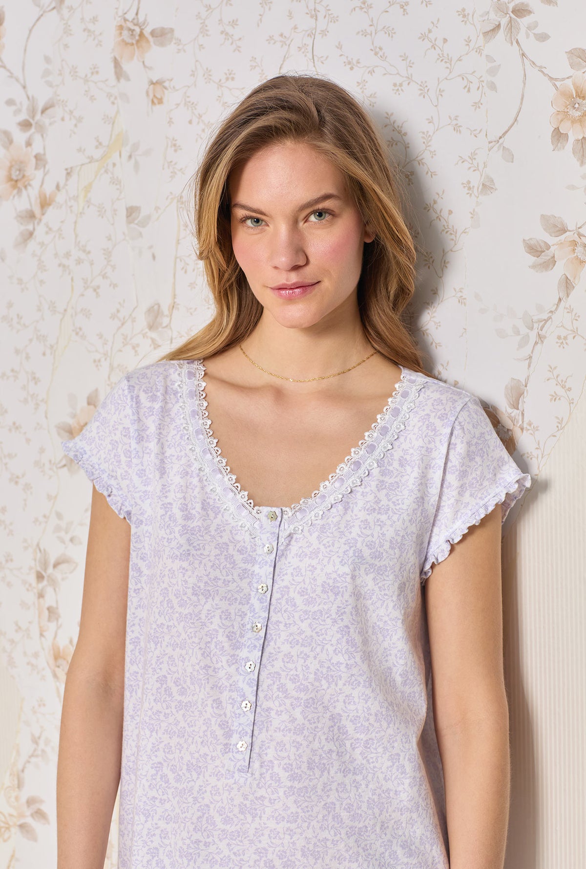 A lady wearing Lilac Posy Cotton Knit Nightshirt