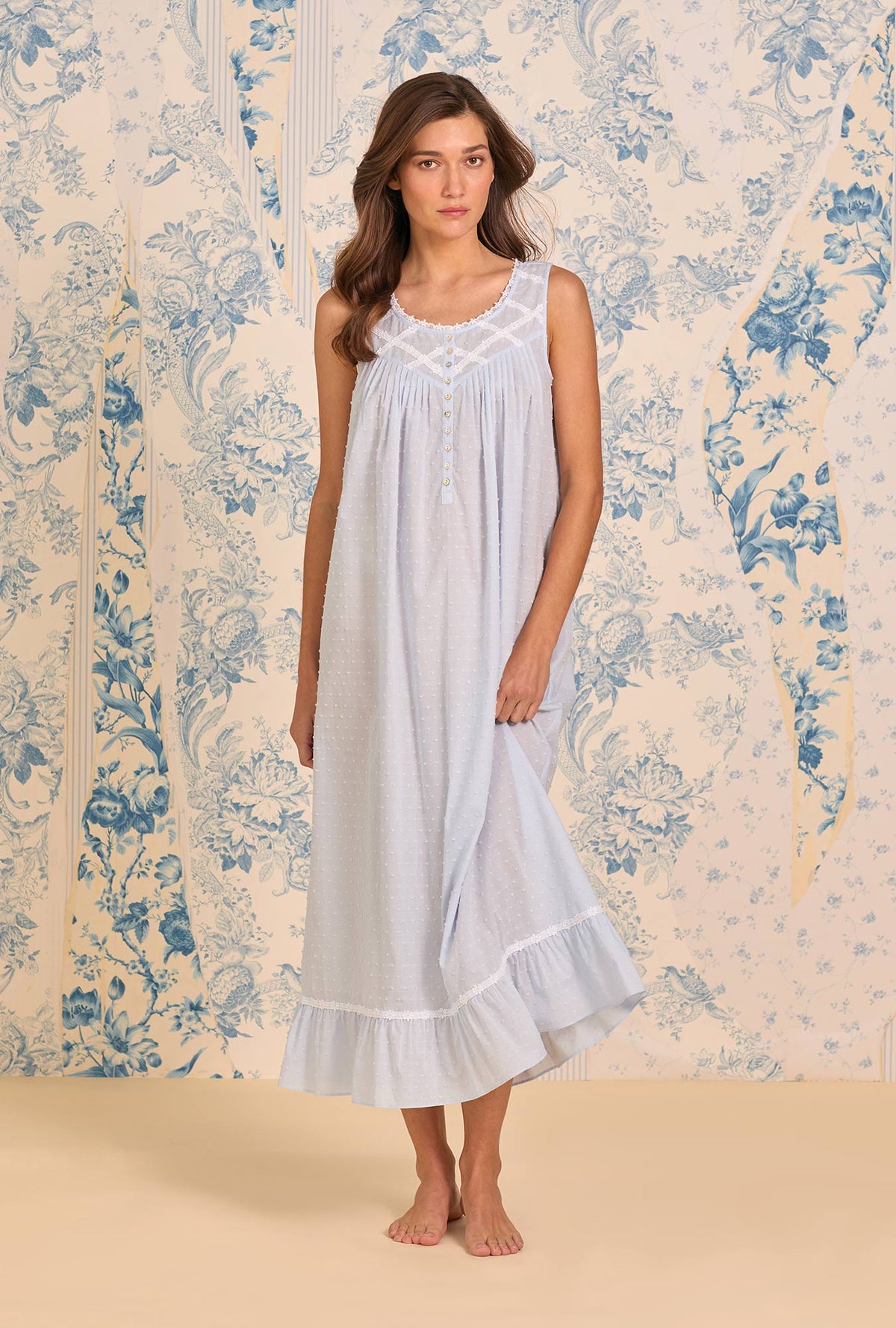 A lady wearing The "Eileen" Sky Blue Cotton Swiss Dot Ballet Nightgown 