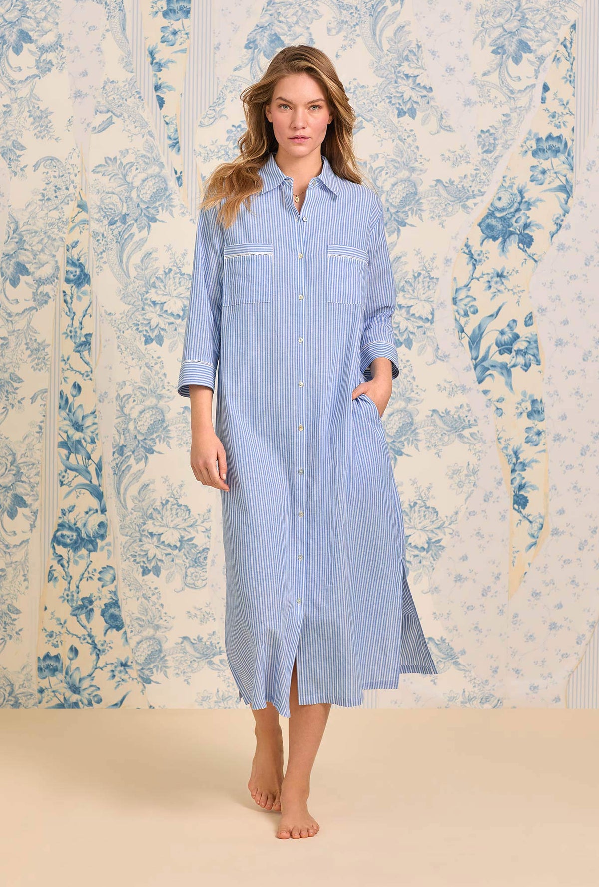 A lady wearing The &quot;Mira&quot; Classic Cotton Stripe Long Shirt Dress