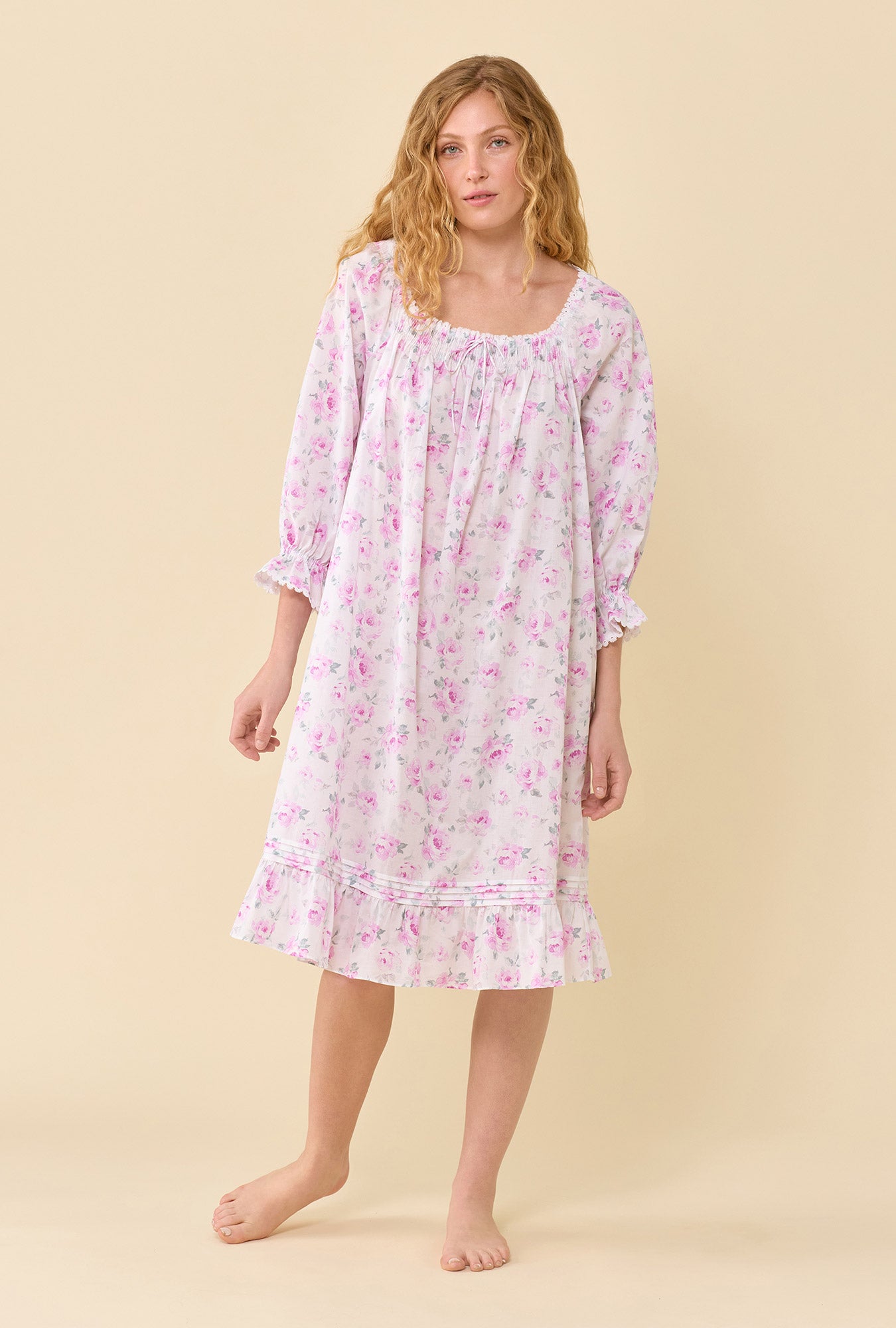 A lady wearing Iris Antique Rose 100% Cotton Woven Lawn 3/4 Sleeve Waltz Nightgown