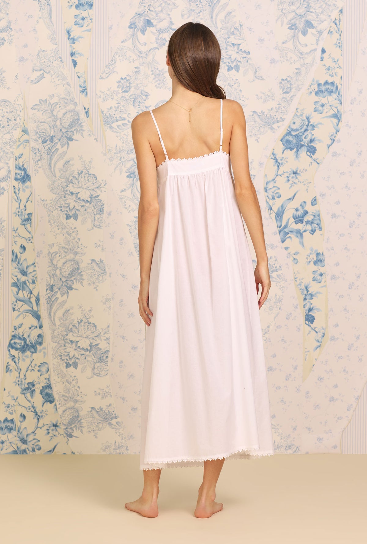 A lady wearing Dune Beach Embroidered &quot;Samantha&quot;  Cotton Nightgown