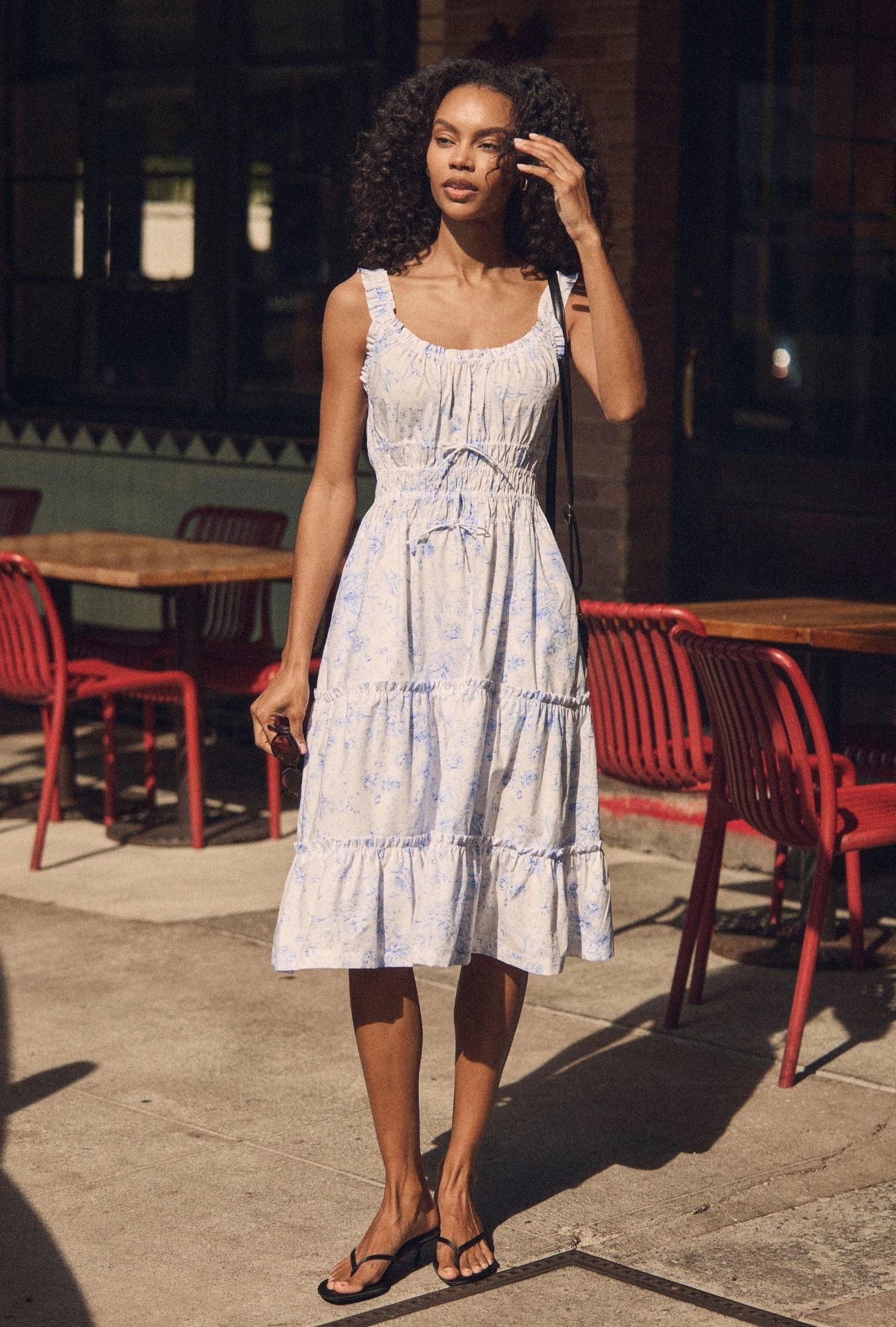 A lady wearing The "Nora" Coastal Toile Cotton Midi Dress