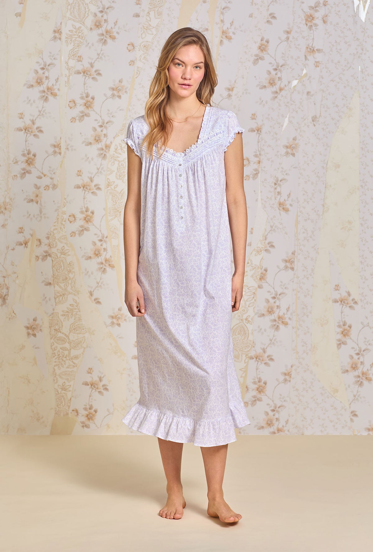 A lady wearing Lilac Posy Cotton Knit Ballet Nightgown
