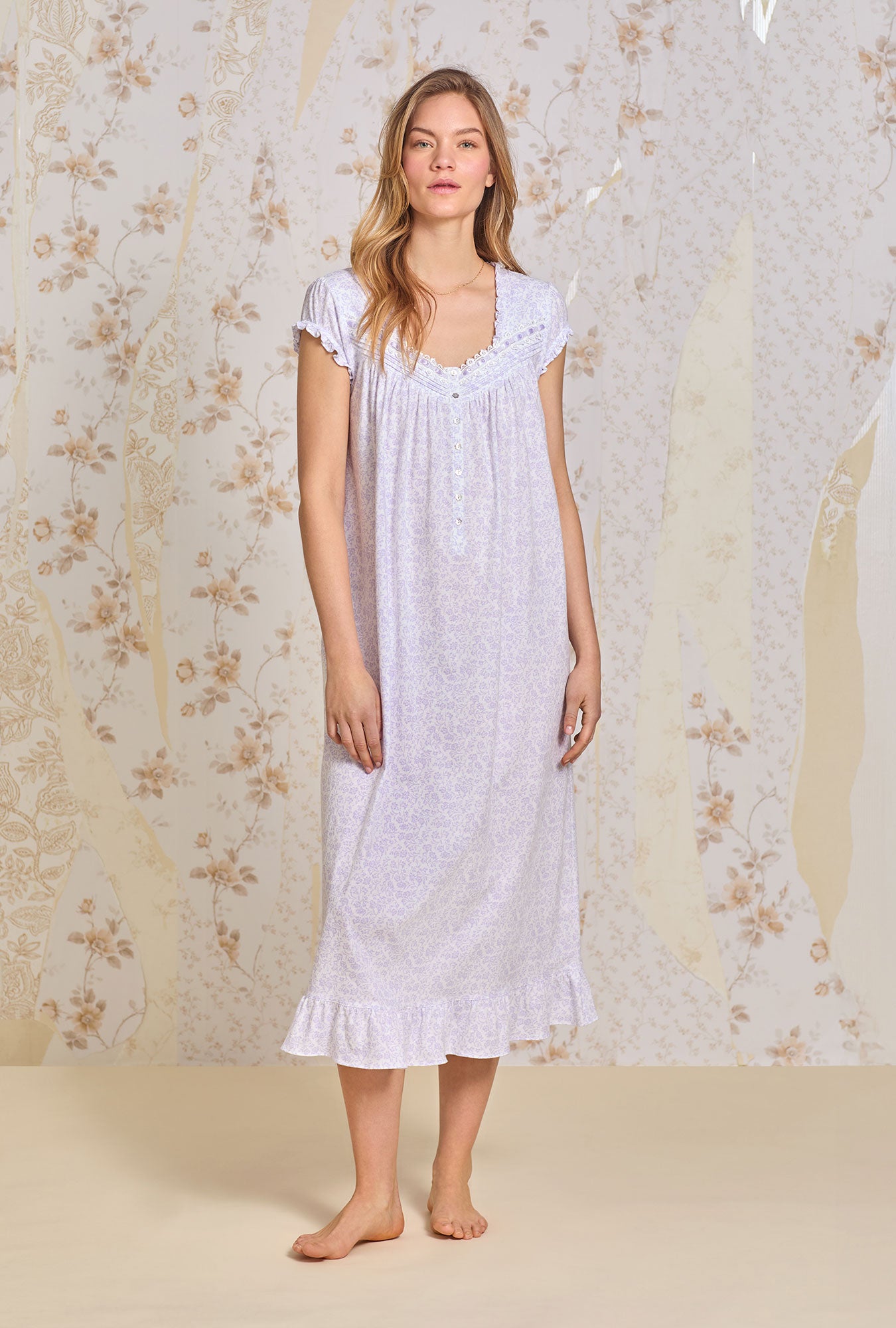 A lady wearing Lilac Posy Cotton Knit Ballet Nightgown