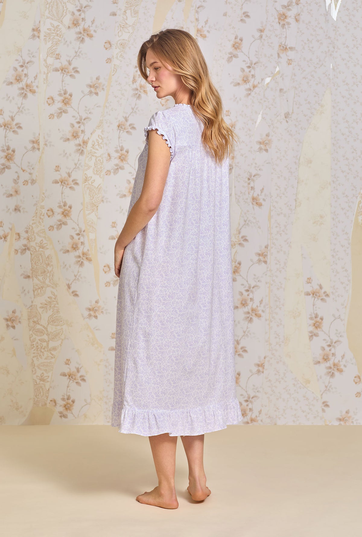 A lady wearing Lilac Posy Cotton Knit Ballet Nightgown