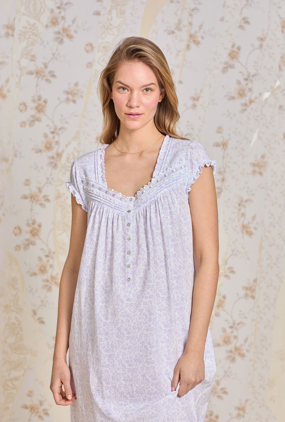 A lady wearing Lilac Posy Cotton Knit Ballet Nightgown