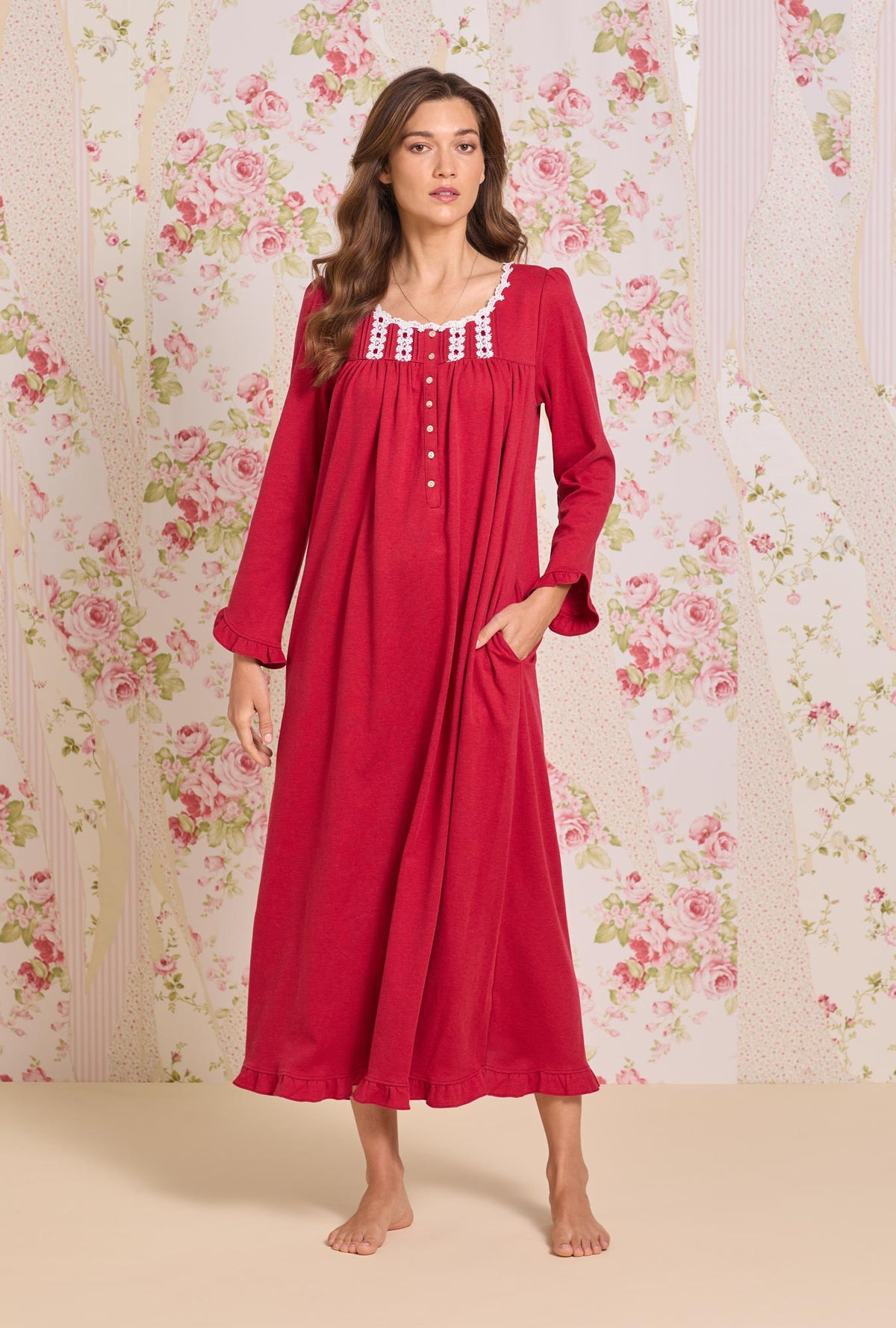 A lady wearing Dream Heather Claret Interlock Long Sleeve Nightgown