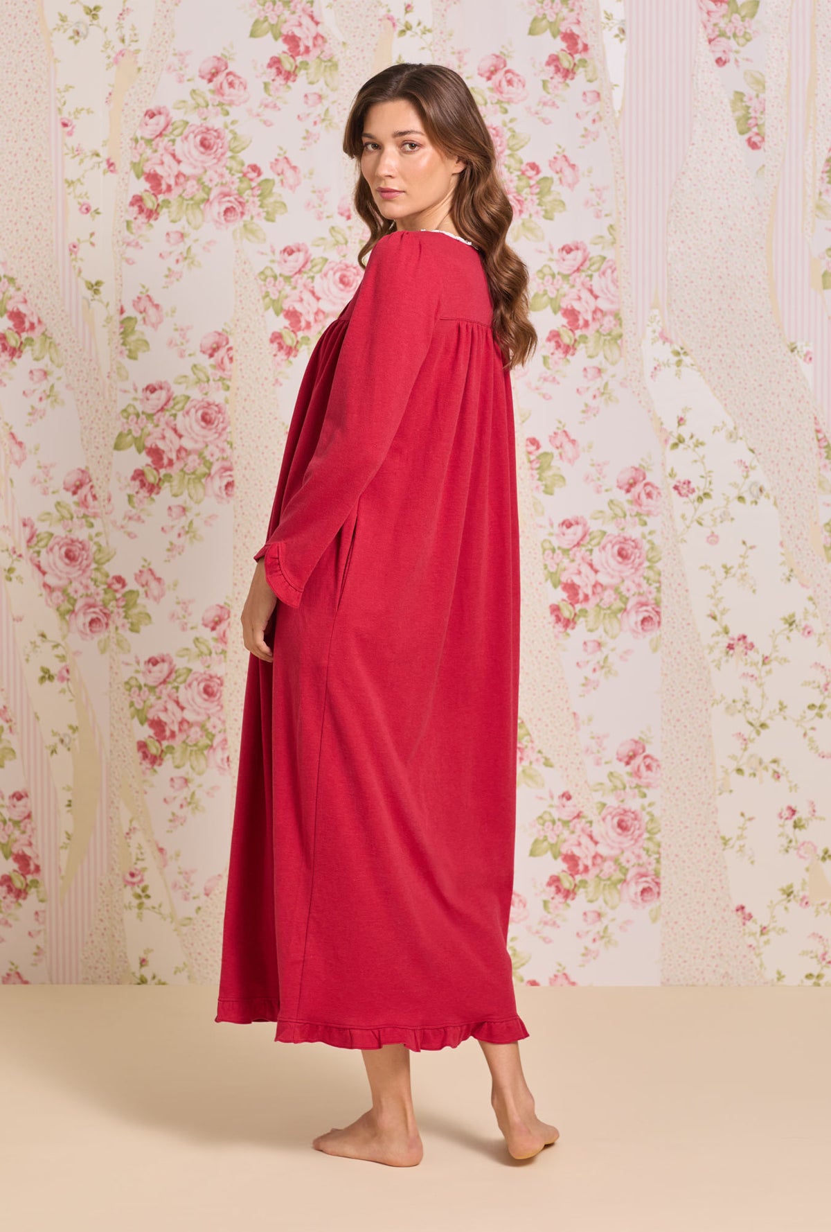A lady wearing Dream Heather Claret Interlock Long Sleeve Nightgown