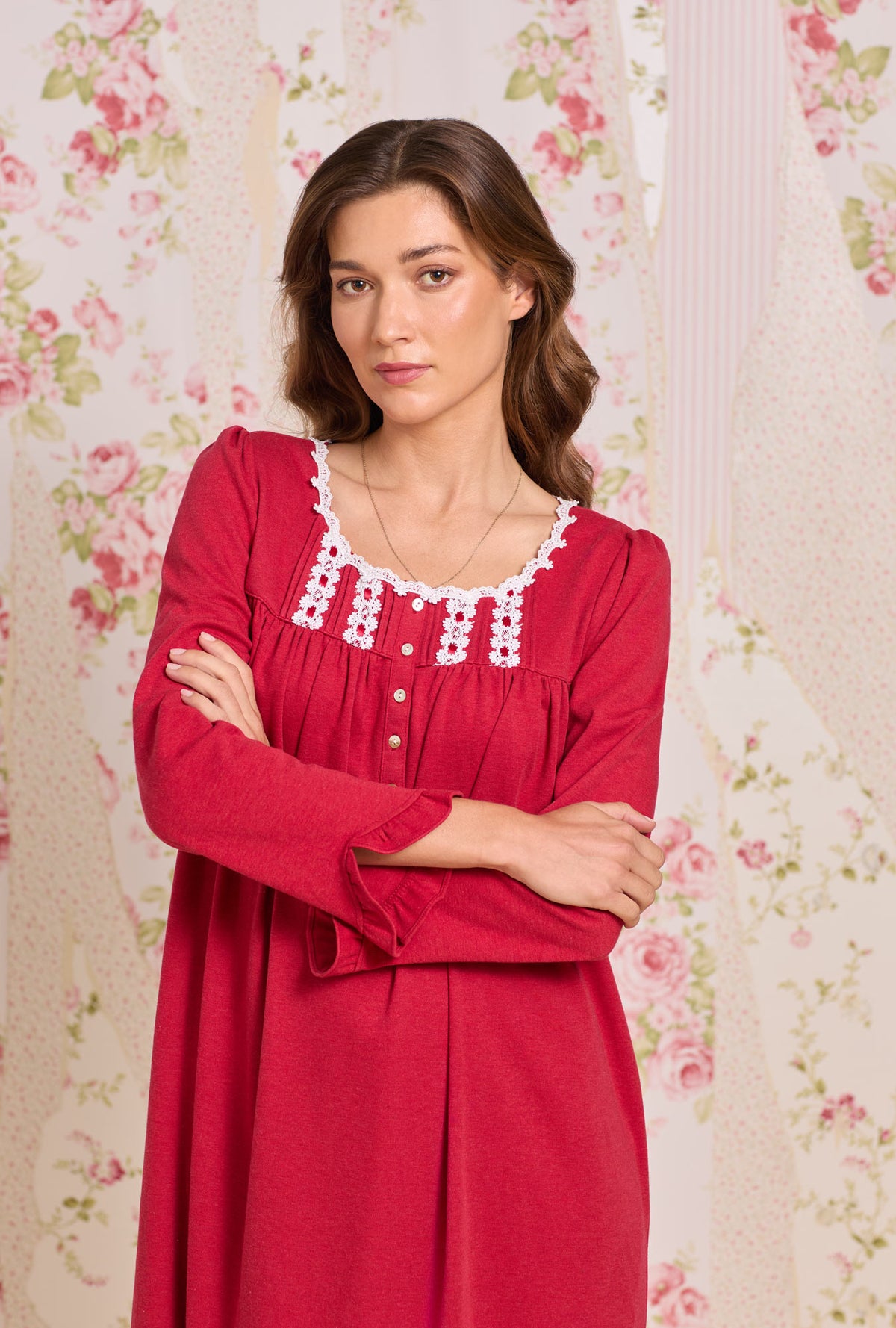 A lady wearing Dream Heather Claret Interlock Long Sleeve Nightgown