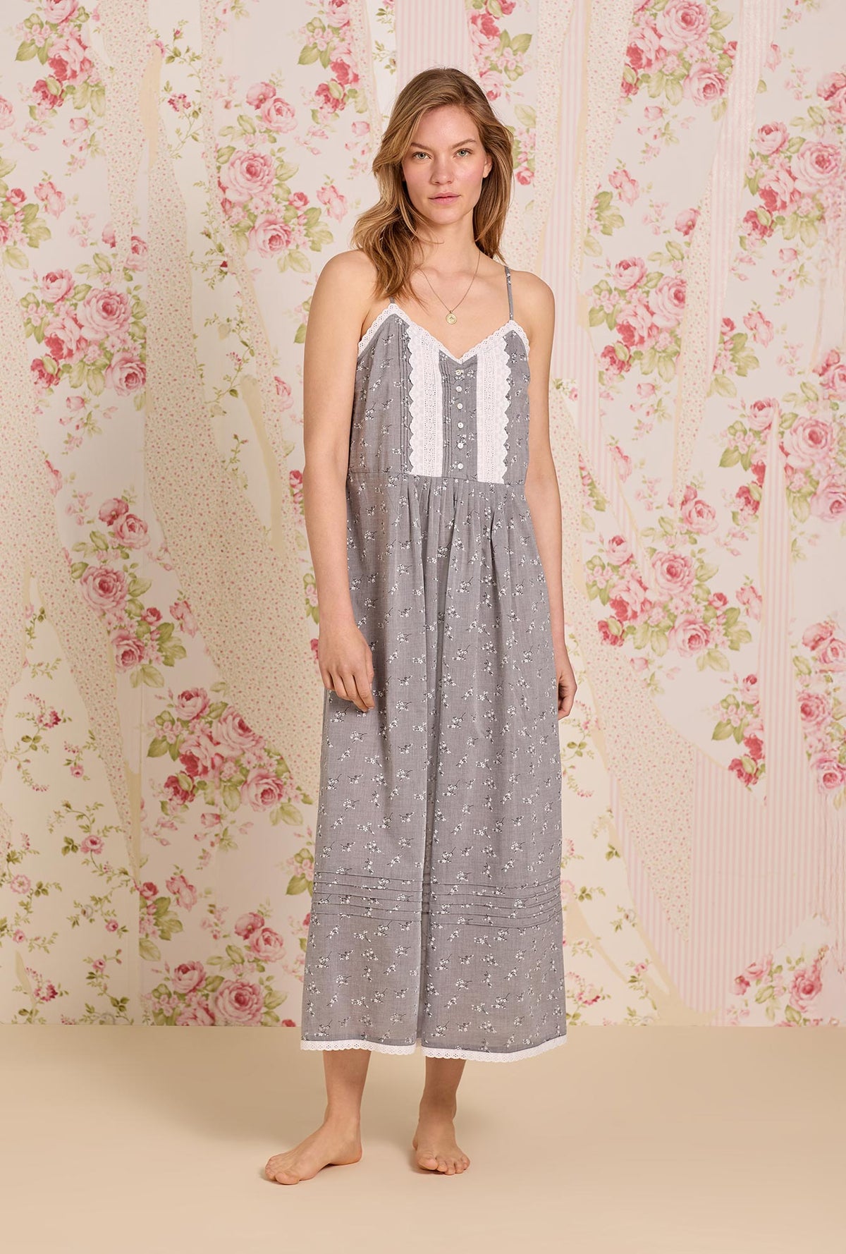 A lady wearing The &quot;Sylvie&quot; Pale Meadow Cotton Yarndye Chambray Ballet Nightgown