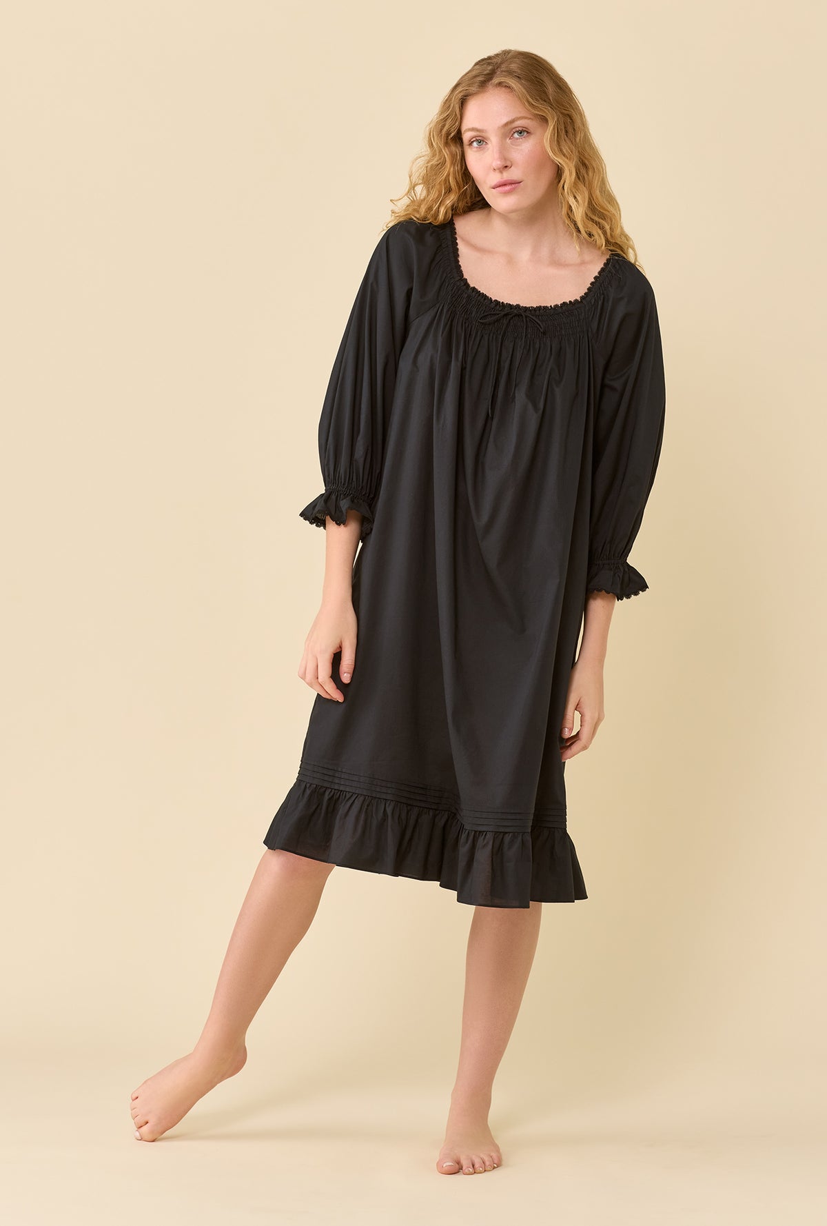 Iris Iconic Black 100% Cotton Woven Lawn 3/4 Sleeve Waltz Nightgown