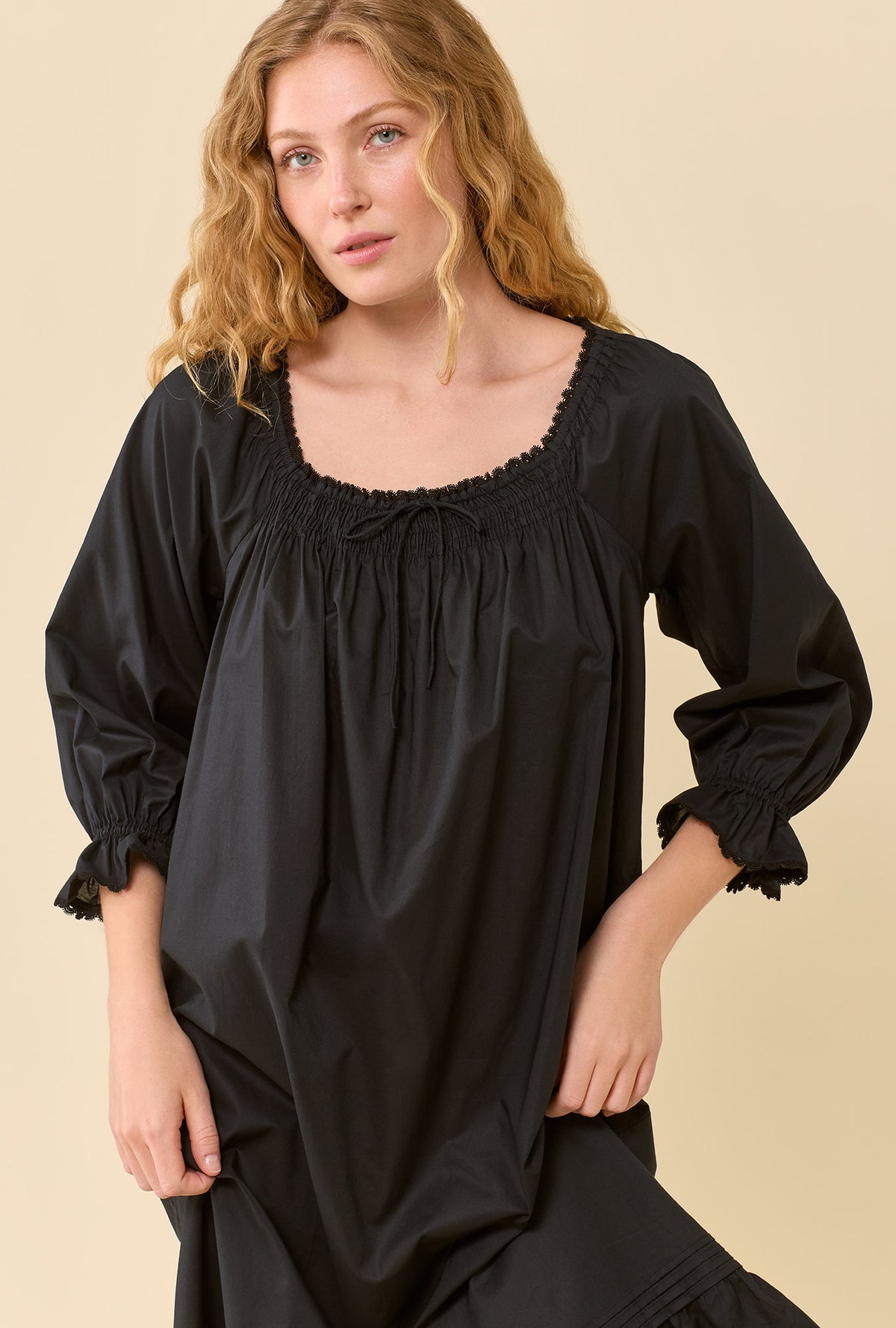 Iris Iconic Black 100% Cotton Woven Lawn 3/4 Sleeve Waltz Nightgown