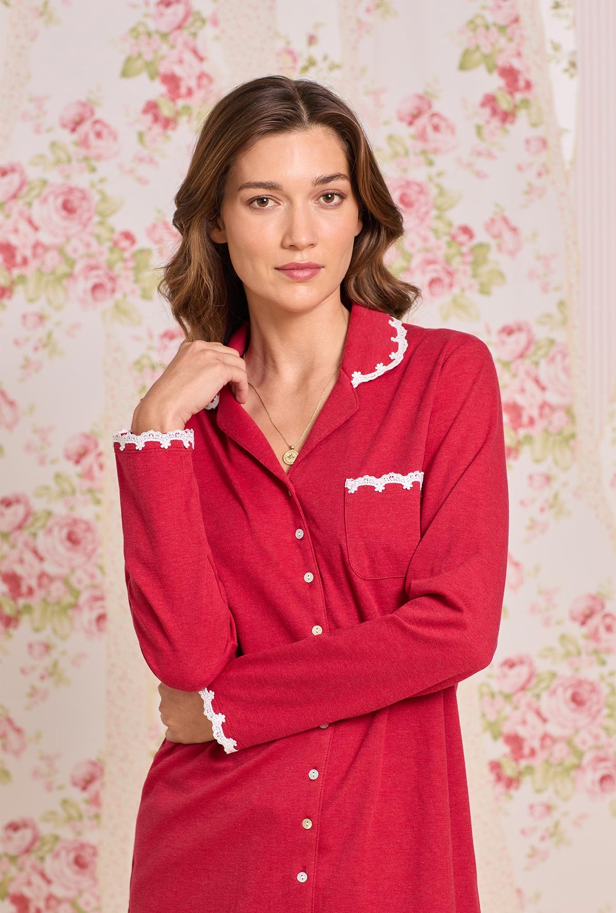 A lady wearing Dream Heather Claret Interlock Classic Pajama