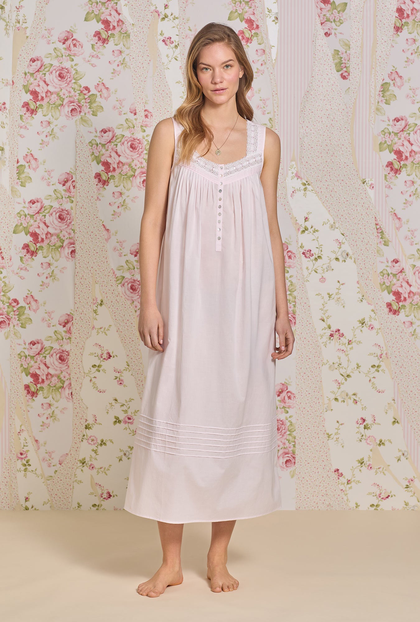 A lady wearing The "Eileen" Rosewater Cotton Lawn Ballet Nightgown