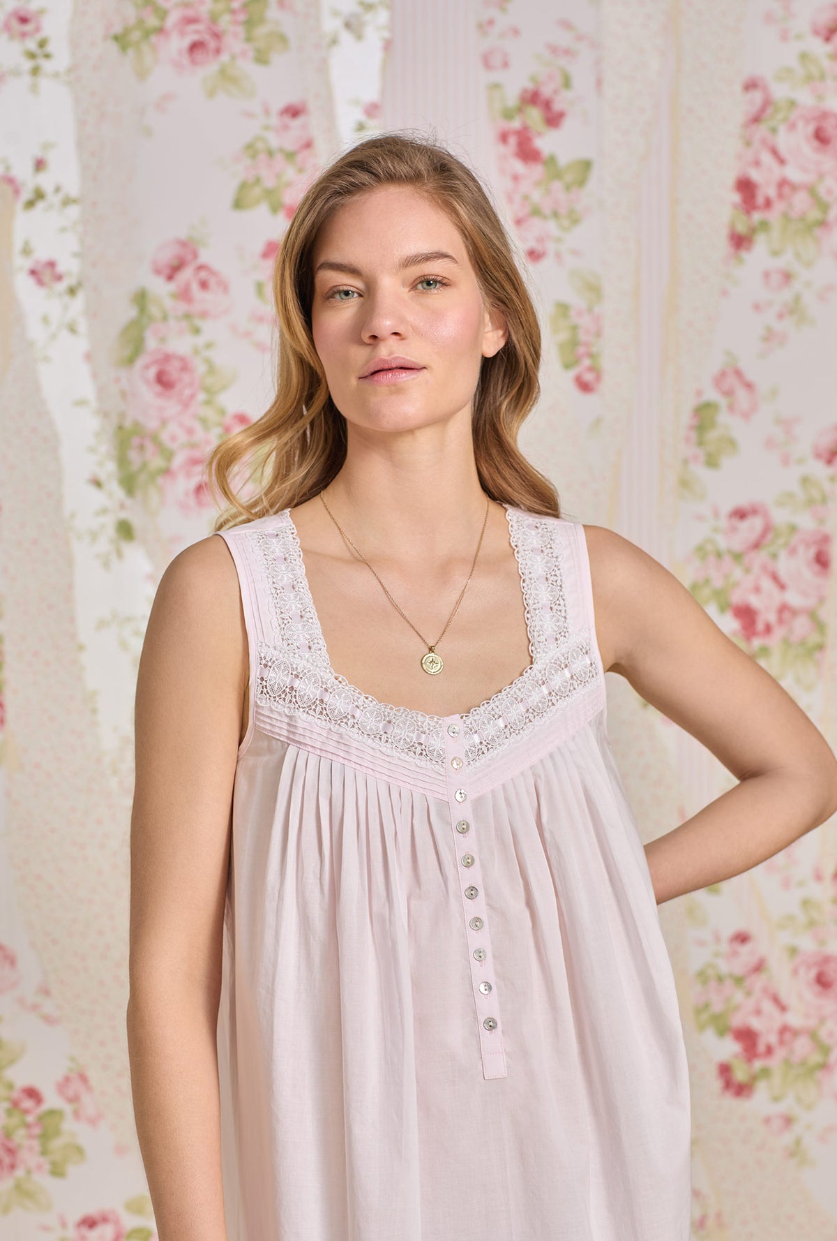 A lady wearing The &quot;Eileen&quot; Rosewater Cotton Lawn Ballet Nightgown