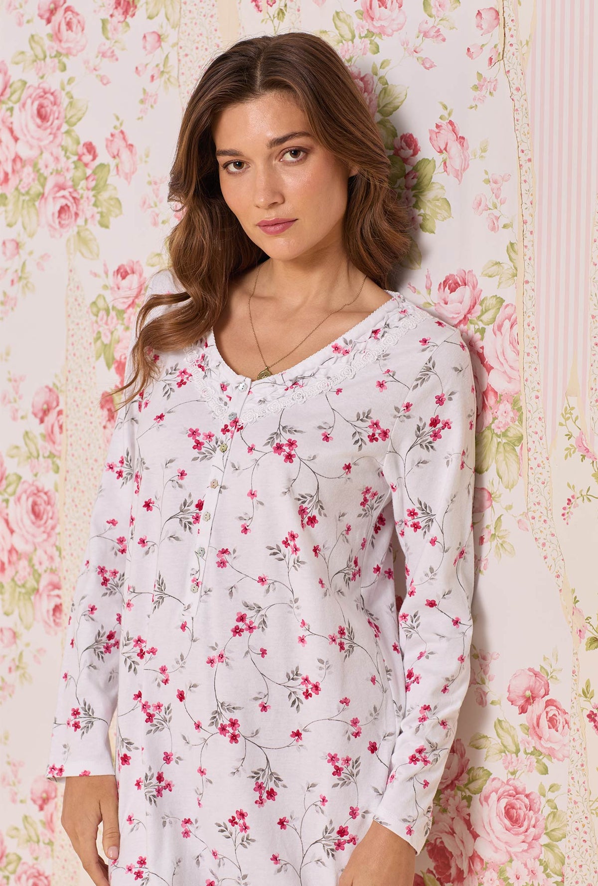 A Lady wearing Embervine Cotton Knit Long Sleeve Nightshirt