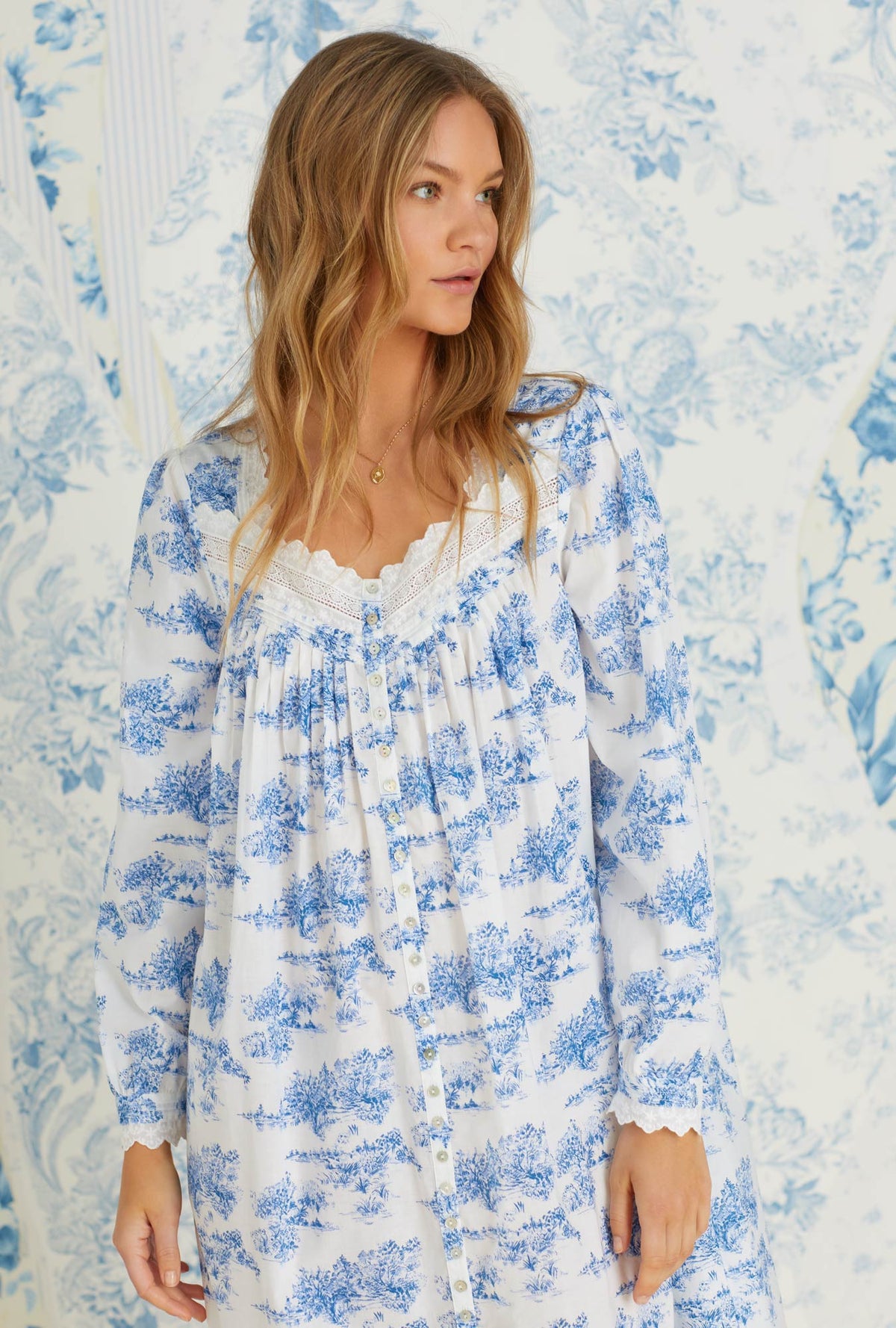 French Toile Cotton Woven Long Button Front Robe