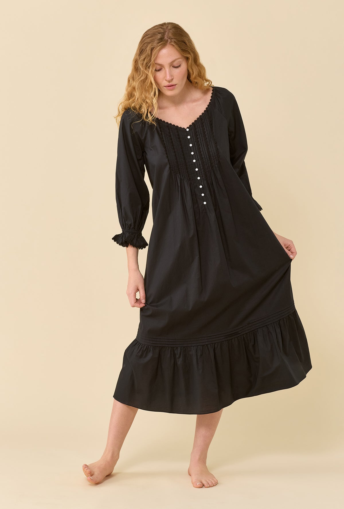 Faye Iconic Black 100% Cotton Woven Lawn 3/4 Sleeve Ballet Nightgown