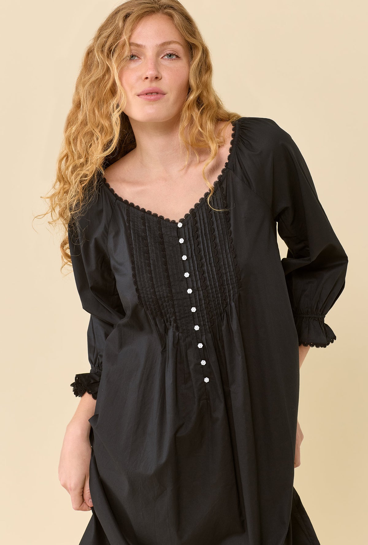 Faye Iconic Black 100% Cotton Woven Lawn 3/4 Sleeve Ballet Nightgown
