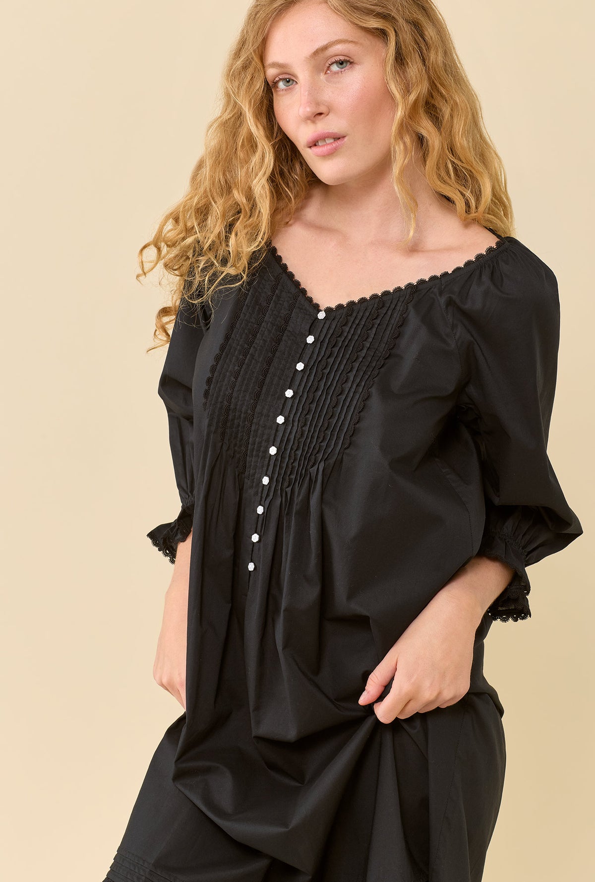 Faye Iconic Black 100% Cotton Woven Lawn 3/4 Sleeve Ballet Nightgown