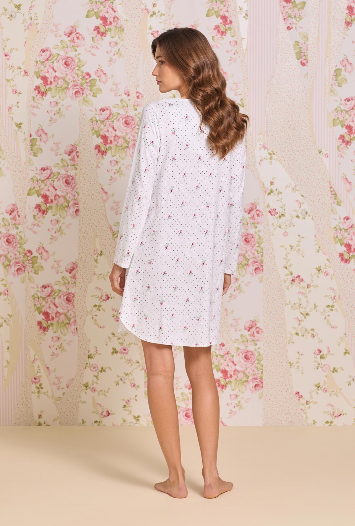 A Lady wearing Rosebud Dot Cotton Knit Long Sleeve Nightshirt