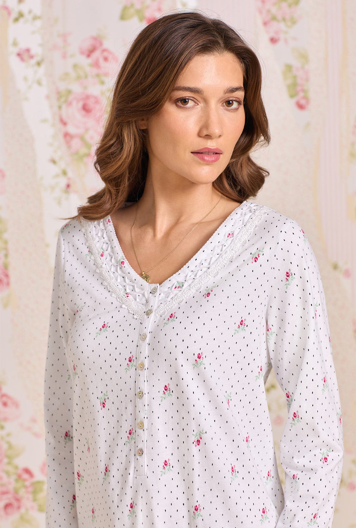 A Lady wearing Rosebud Dot Cotton Knit Long Sleeve Nightshirt