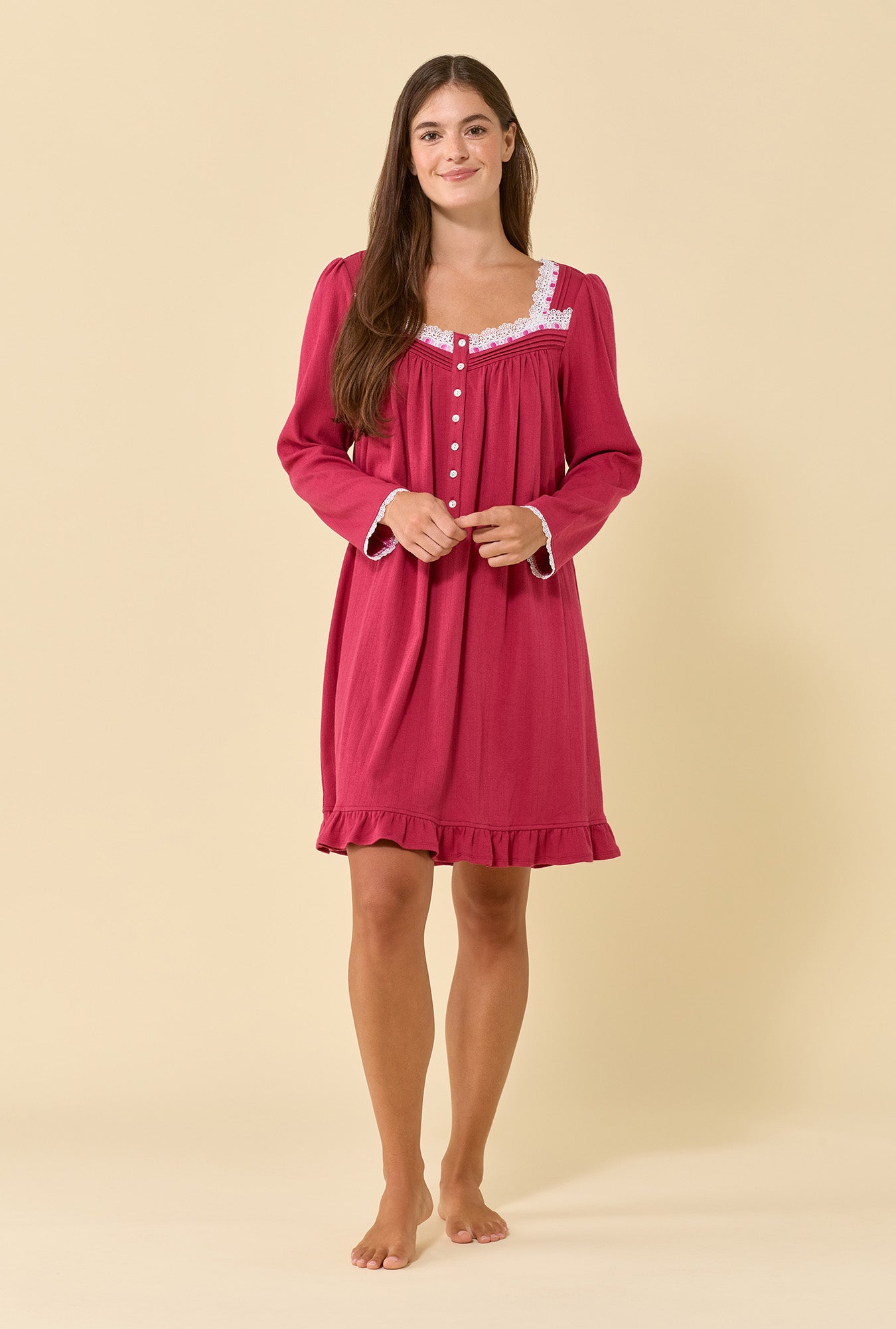 Bordeaux Brushed Pointelle Long Sleeve Chemise