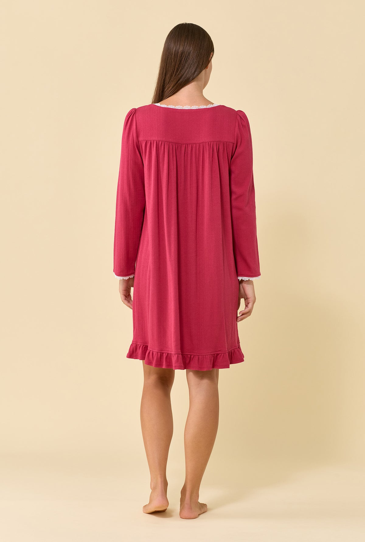 A lady wearing Bordeaux Brushed Pointelle Long Sleeve Chemise