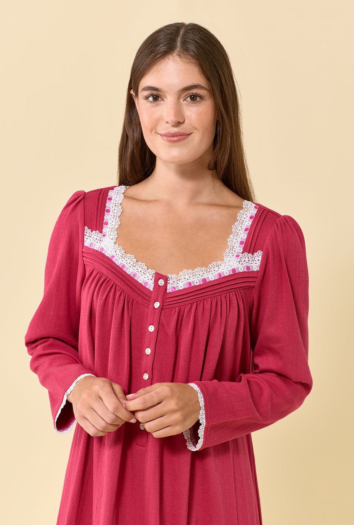 A lady wearing Bordeaux Brushed Pointelle Long Sleeve Chemise